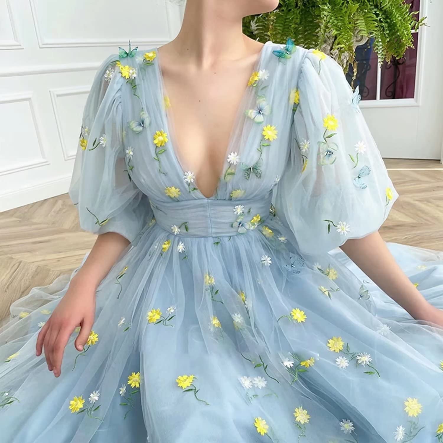 Fivsole Women's Blue Floral Embroidery Puffy Sleeve Prom Dress - Short Tulle Formal Evening Gown for Homecoming, Party & Special Occasions