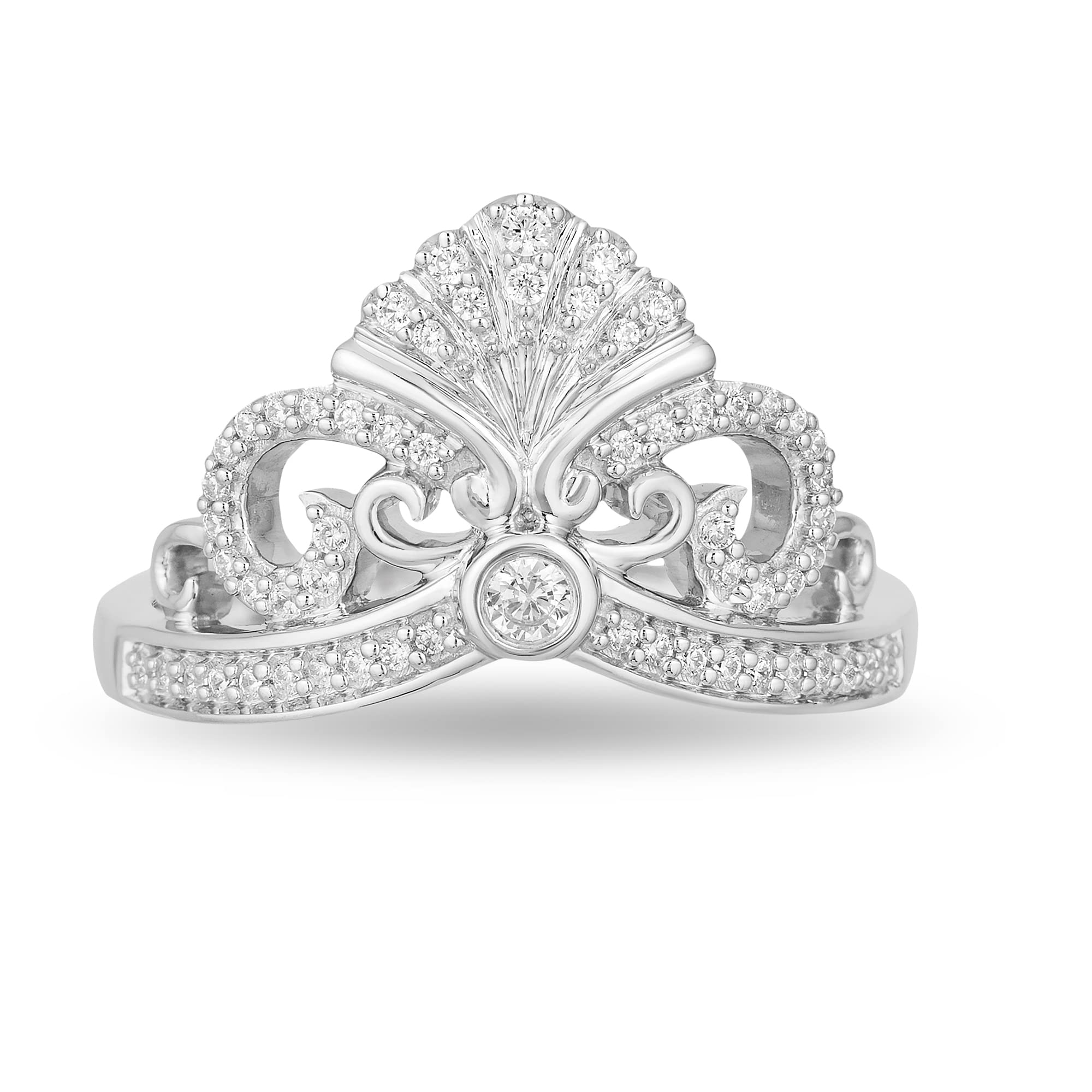 Enchanted Disney Ariel Shell Tiara Ring - Sterling Silver with 1/5 Cttw Diamonds | Disney Princess Jewelry Gift for Women & Girls | Perfect for Cosplay, Birthday & Special Occasions