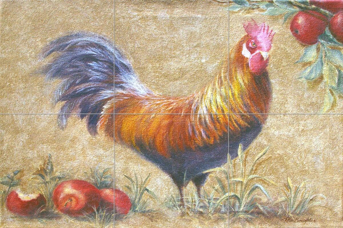 Farmhouse Ceramic Backsplash Tile Mural - Rooster with Apples Kitchen & Bathroom Wall Decor - Handmade by Rita Broughton - Perfect for Country Style Kitchens, Farmhouse Bathrooms & Rustic Home Décor
