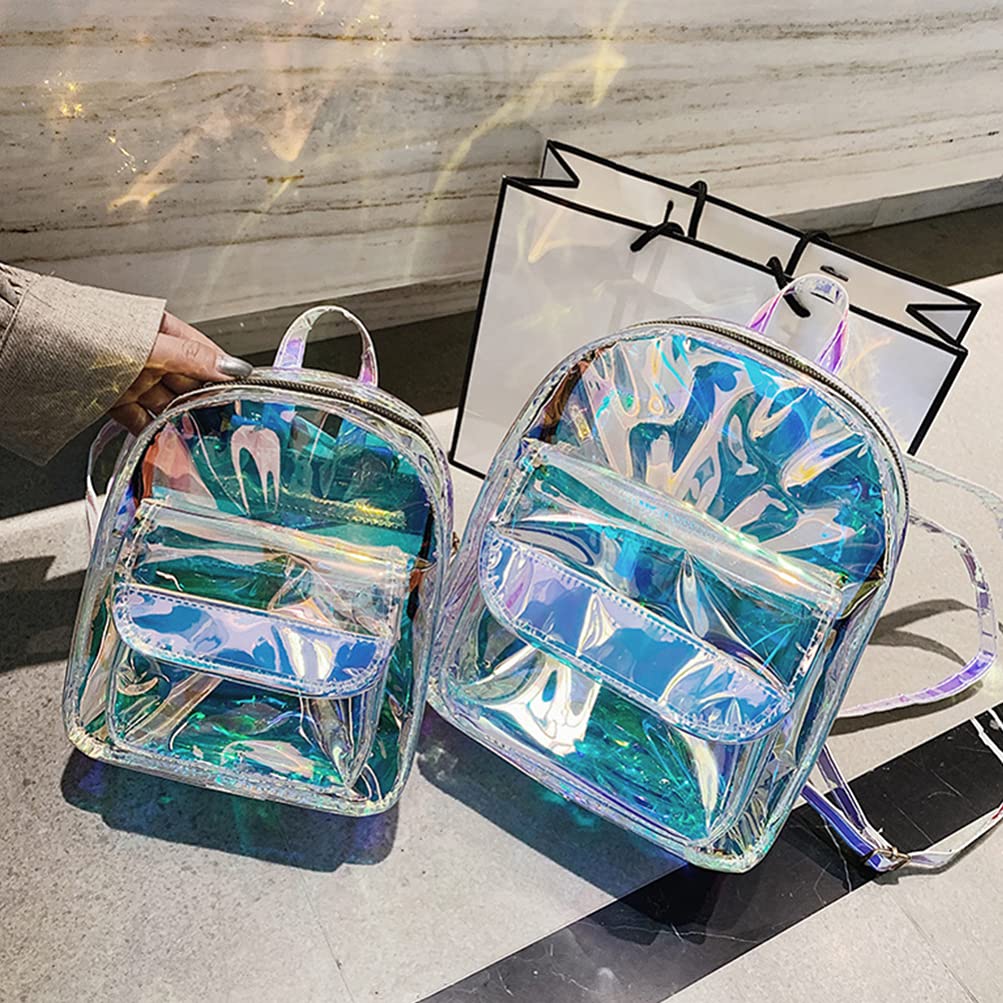 Holographic Clear Backpack for Women - Iridescent Transparent Bookbag, Fashionable Heavy Duty Makeup Bag & Handbag - Perfect for School, Work, Travel & Festival Use