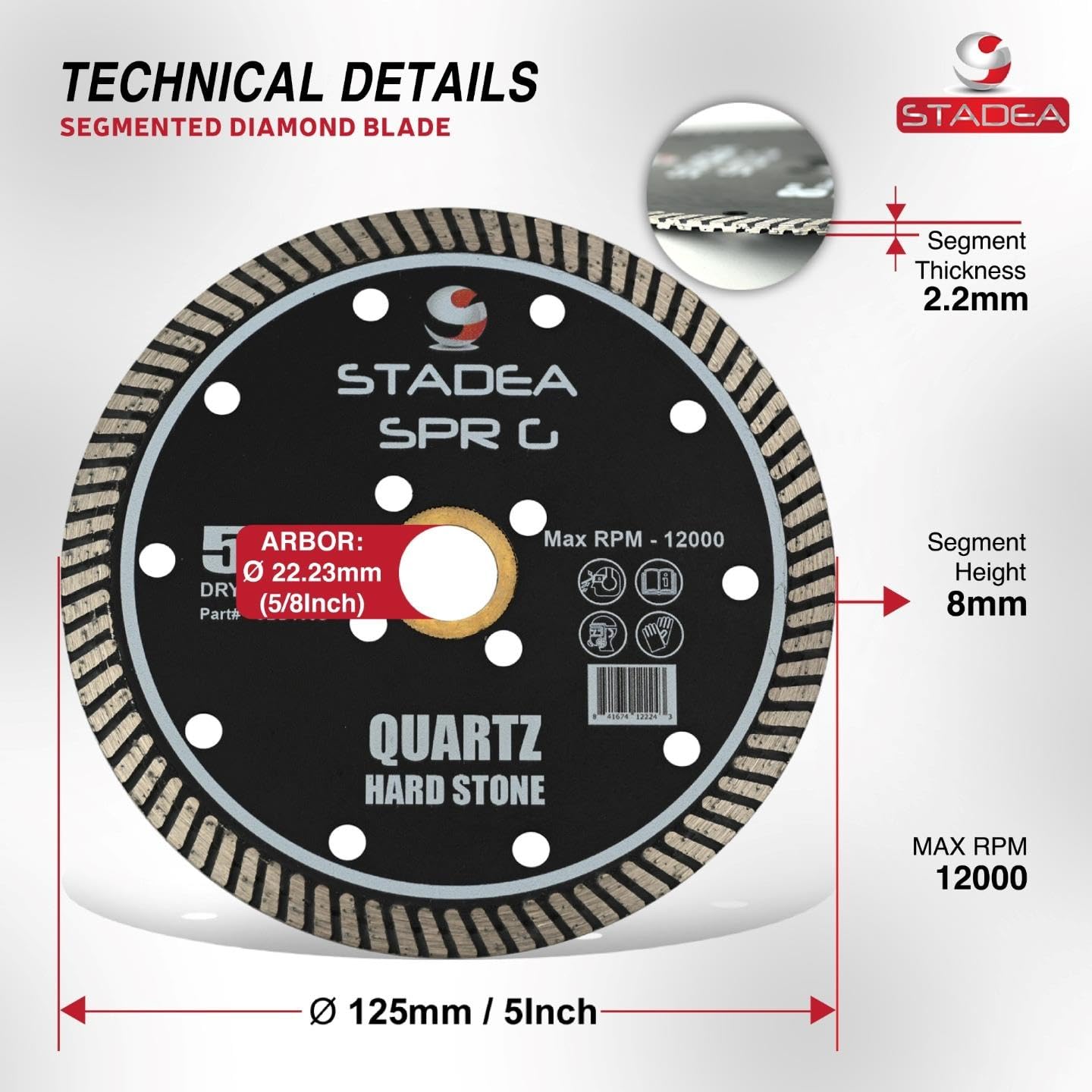 Stadea SBD123S 5-Inch Diamond Saw Blade for Angle Grinder - Continuous Turbo Rim for Granite, Hard Stone Dry Cutting - 8mm Segments (Pack of 10) - Perfect for Tile, Marble, and Concrete Cutting Projects