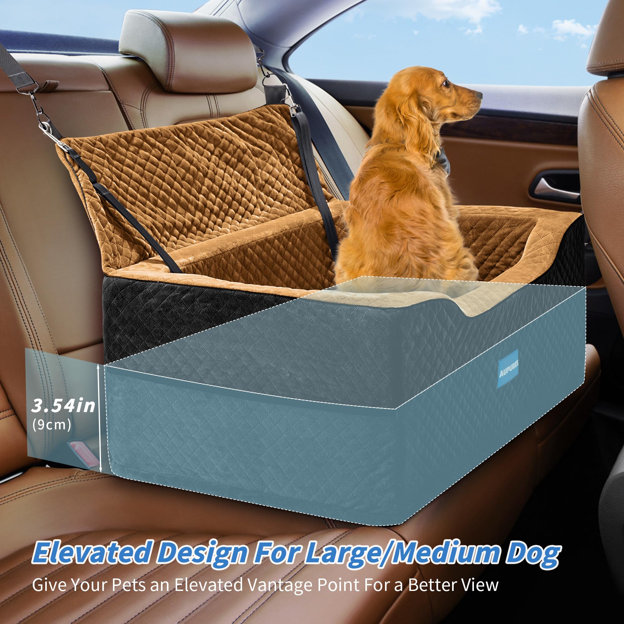 Premium Dog Car Seat for Large & Medium Dogs Up to 55 lbs - Adjustable Height Pet Booster Seat for Small Dogs - Soft Fabric Carrier (Black/Brown) - Perfect for Road Trips & Daily Commutes