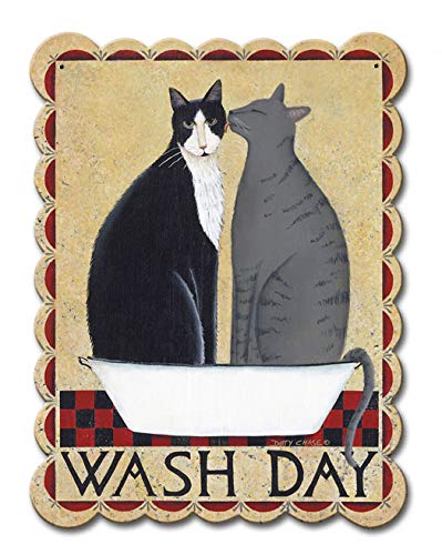 Vintage Wash Day Cats Metal Sign - Handmade in USA with Heavy Gauge Steel - Perfect for Farmhouse, Kitchen & Laundry Room Decor