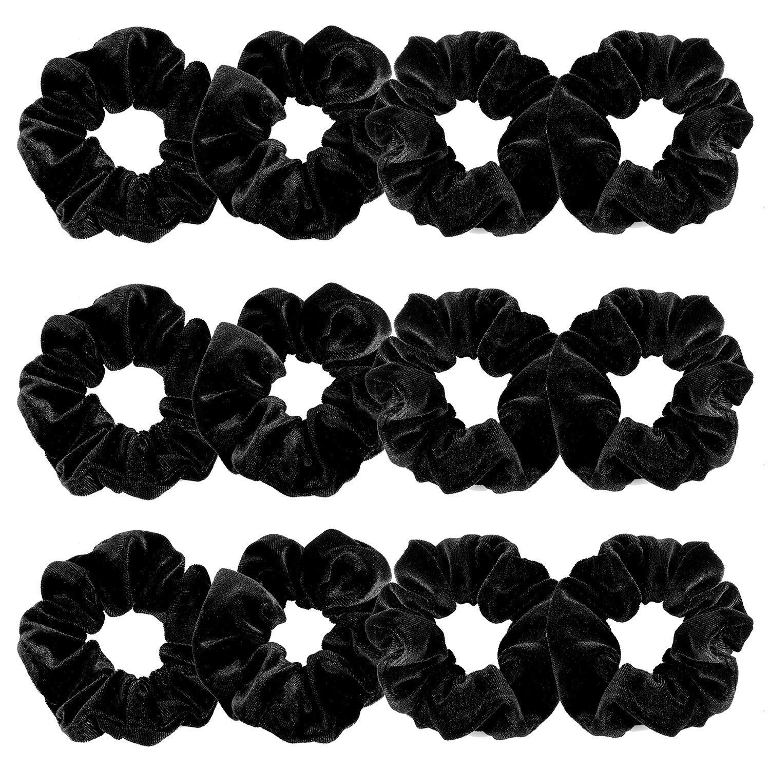 Fameza 12-Pack Velvet Hair Scrunchies - Soft Elastic Hair Ties for Women & Girls (Black) | Perfect for Workouts, Office, School & Everyday Use