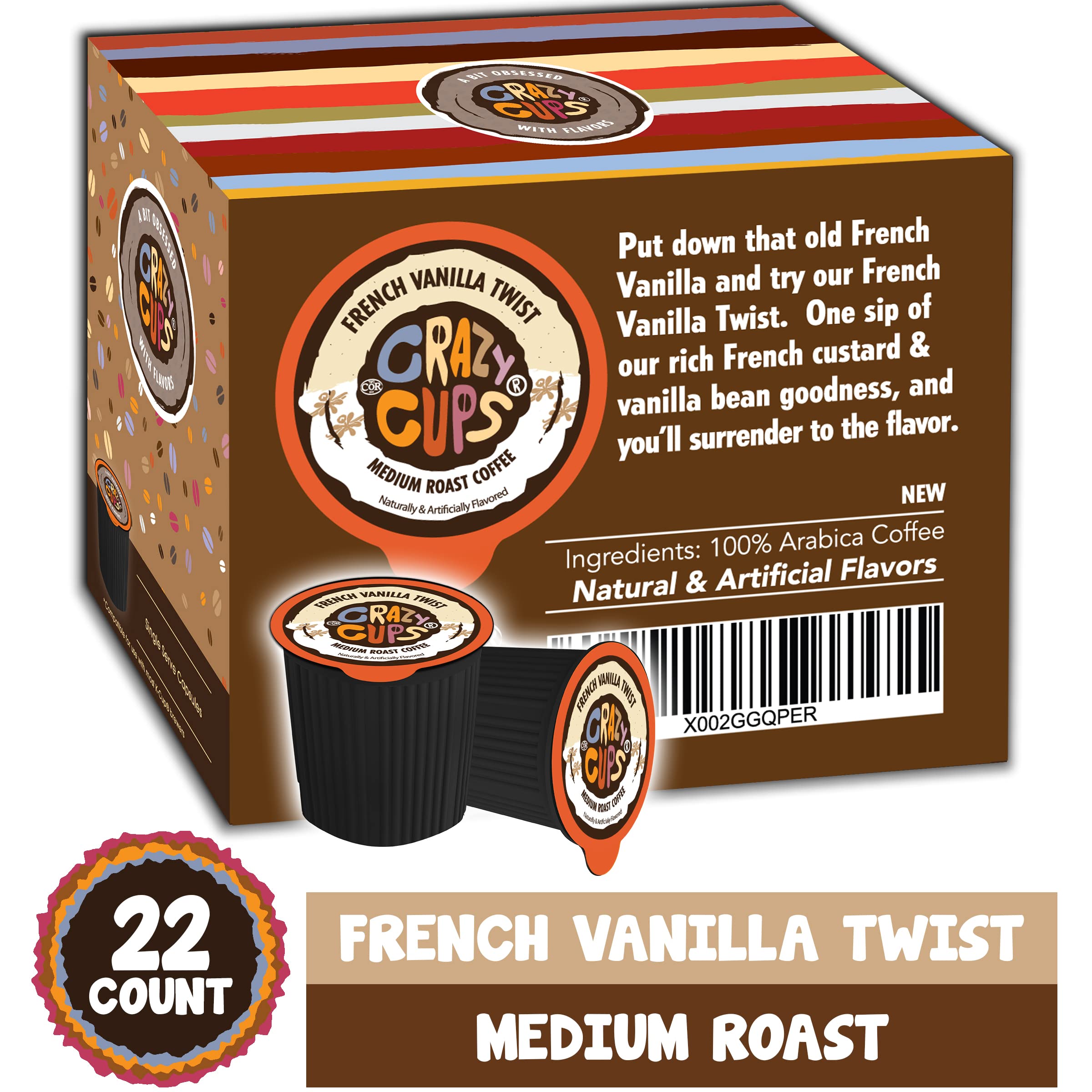 Crazy Cups French Vanilla Twist Flavored Coffee Pods - 22 Count Recyclable K-Cups for Keurig Machines | Medium Roast Hot or Iced Coffee | Perfect for Office, Home & Gifts