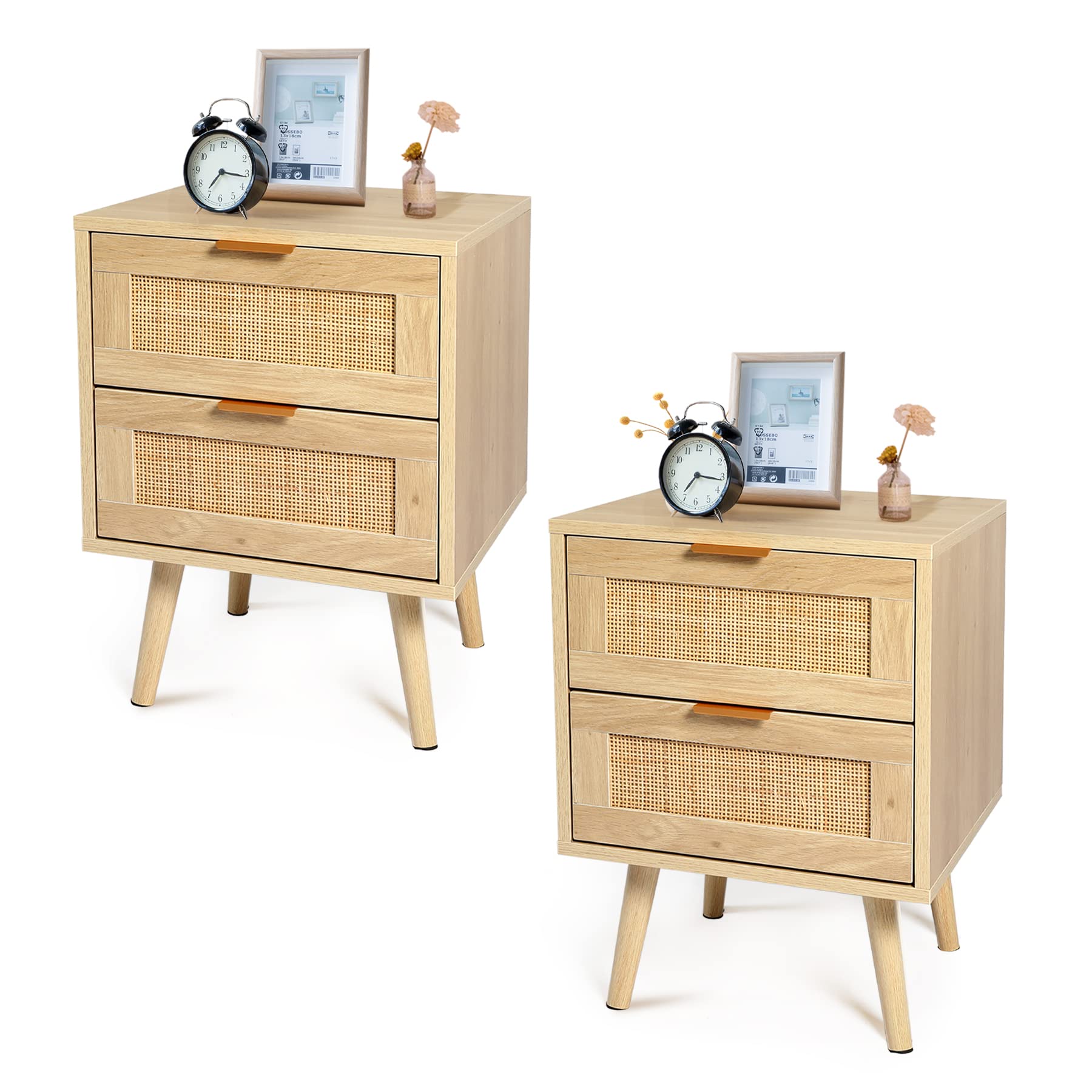 AOTIFARM Mid Century Modern Nightstand Set of 2 - Rattan Drawer Bedside Tables with Wooden Accent for Bedroom, Living Room | Night Stand Storage Furniture for Small Spaces, Guest Rooms & Apartment Decor