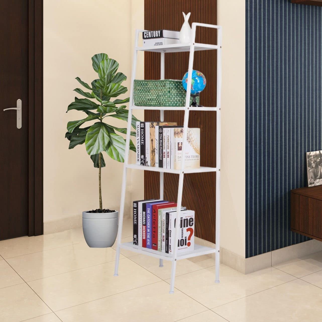 4-Tier Ladder Bookcase Shelf - White Wooden Storage Shelf for Books, Plants & Home Decor | Perfect for Living Room, Bedroom & Office Organization
