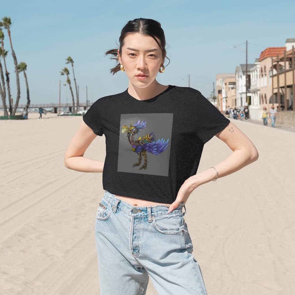 Women's Flowy Cropped T-Shirt - Squawkers The Ostrich Print - XL Size - Heather Navy Color - Casual Summer Top for Beach, Music Festivals & Streetwear