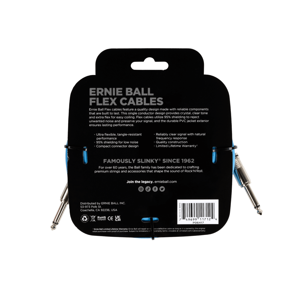 Ernie Ball Flex Instrument Cable 20Ft Straight to Straight Blue - High-Quality Guitar & Bass Cable for Live Performances, Studio Recording & Home Practice