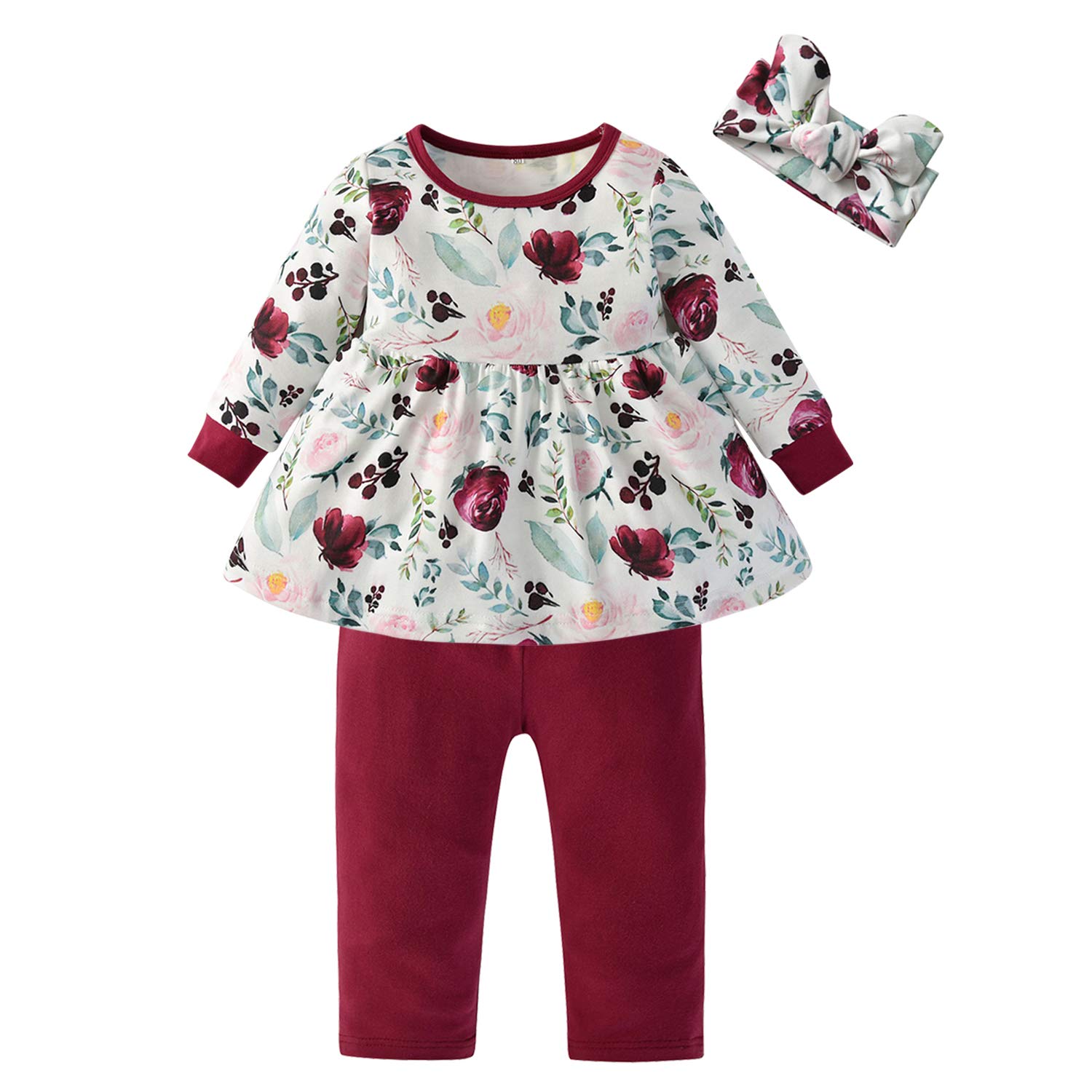 3PCS Baby Girl Outfit Set - Floral Ruffle Shirt, Pants & Headband - Cute Toddler Clothes for Photoshoot, Birthday Party & Daily Wear