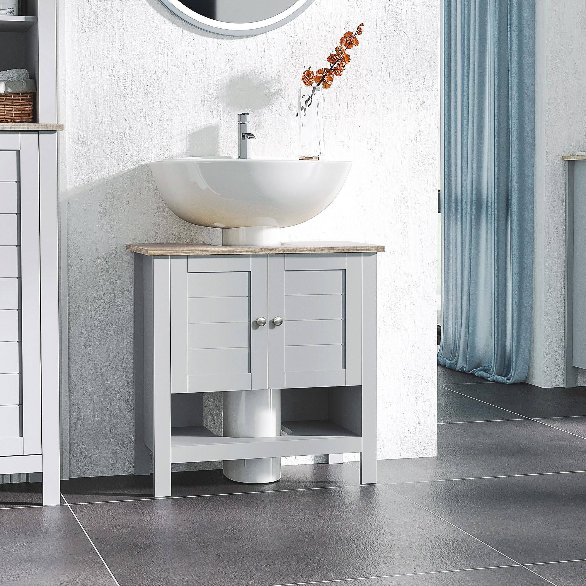 Kleankin Pedestal Sink Storage Cabinet - Under Sink Bathroom Vanity with Adjustable Shelf & Open Bottom - Gray - Perfect for Small Bathroom Organization & Extra Storage Space