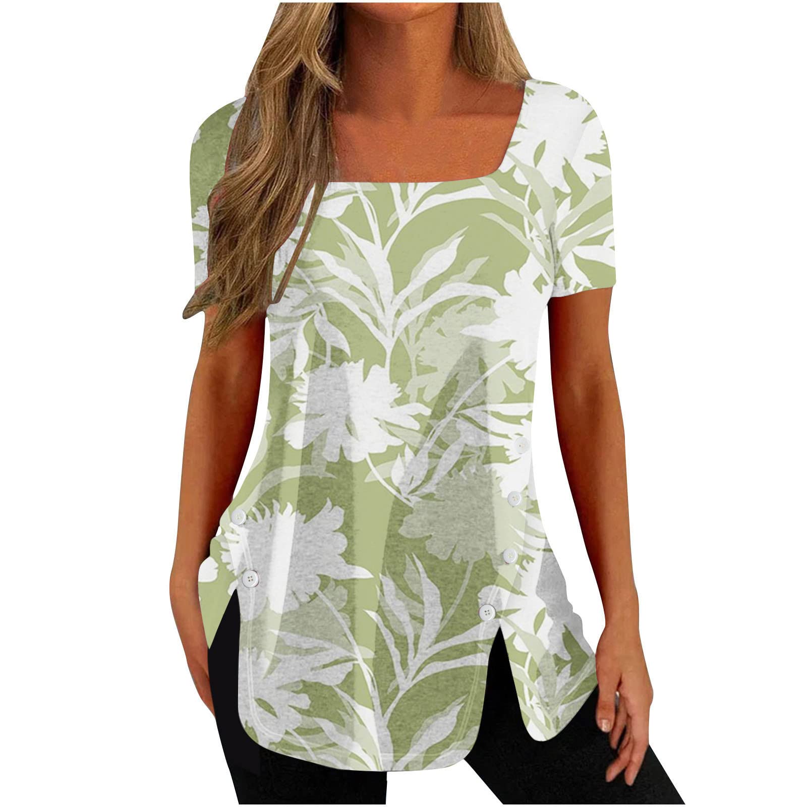 Plus Size Loose Tops for Women - Square Neck Short Sleeve Floral Tee Shirts | Casual Summer Blouses for Going Out & Daily Wear | UK Sizing