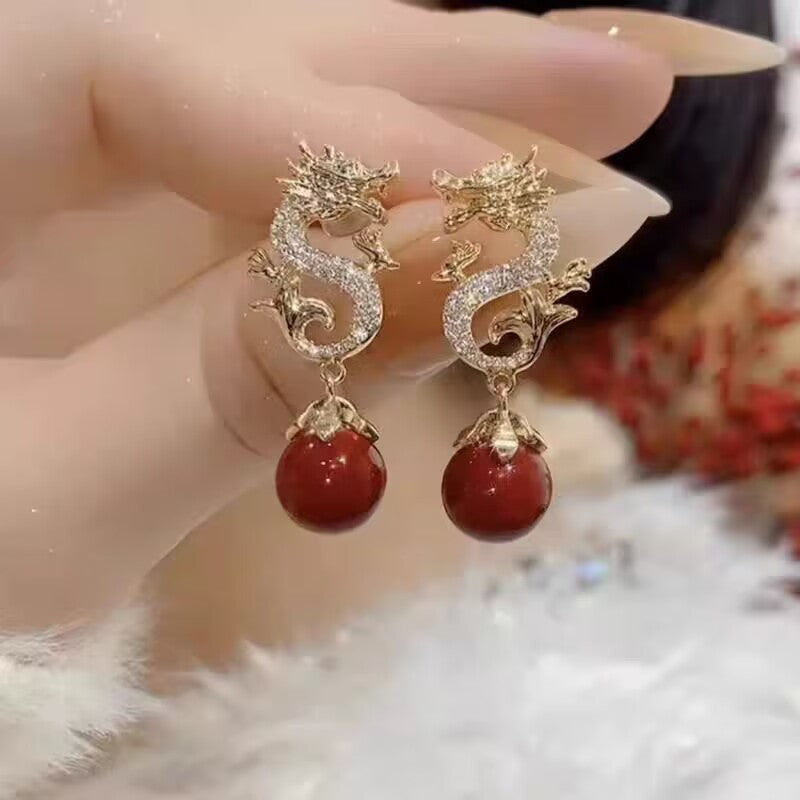 Sparkling Rhinestone Zodiac Dragon Agate Dangle Drop Earrings for Women - Elegant Crystal Statement Jewelry for Parties, Weddings & Special Occasions