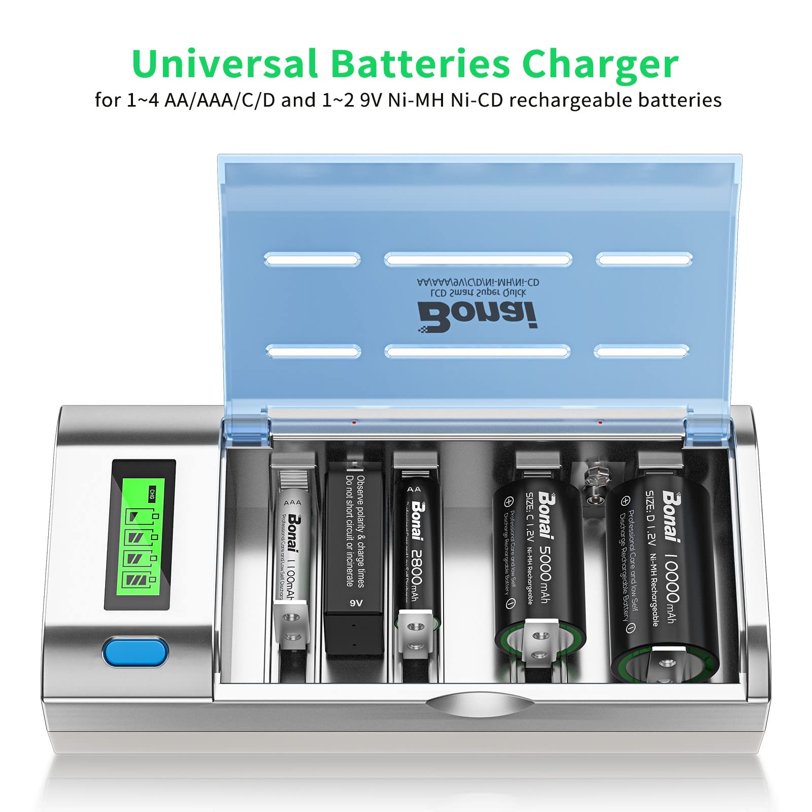 Rechargeable C Batteries with LCD Charger - 5000mAh Ni-MH Ni-CD C D AA AAA 9V Battery Charger Set (4-Pack) - Perfect for Flashlights, Toys, Remote Controls & Emergency Devices