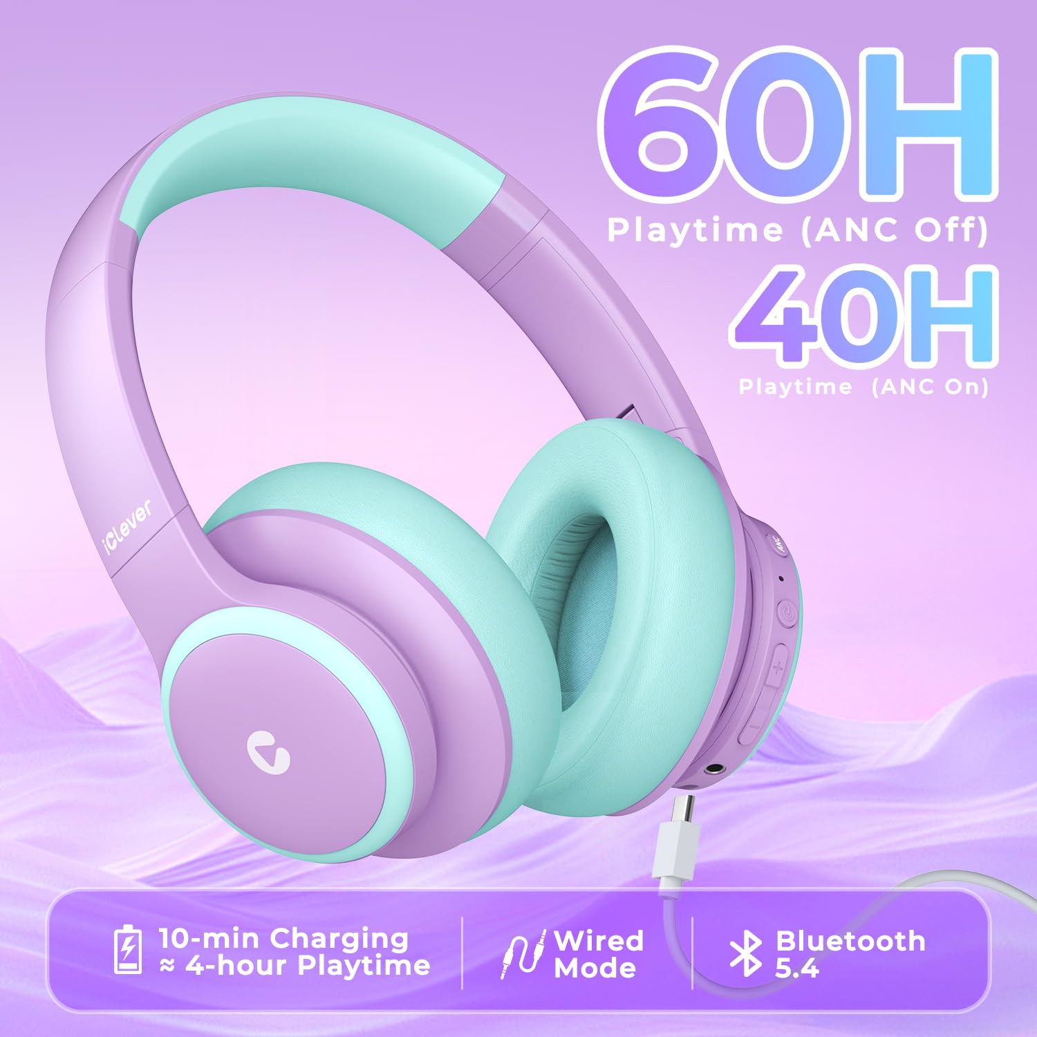 iClever BTH26 Kids Active Noise Cancelling Headphones with Carrying Case | Wireless Bluetooth Headset for School, Travel & Online Learning
