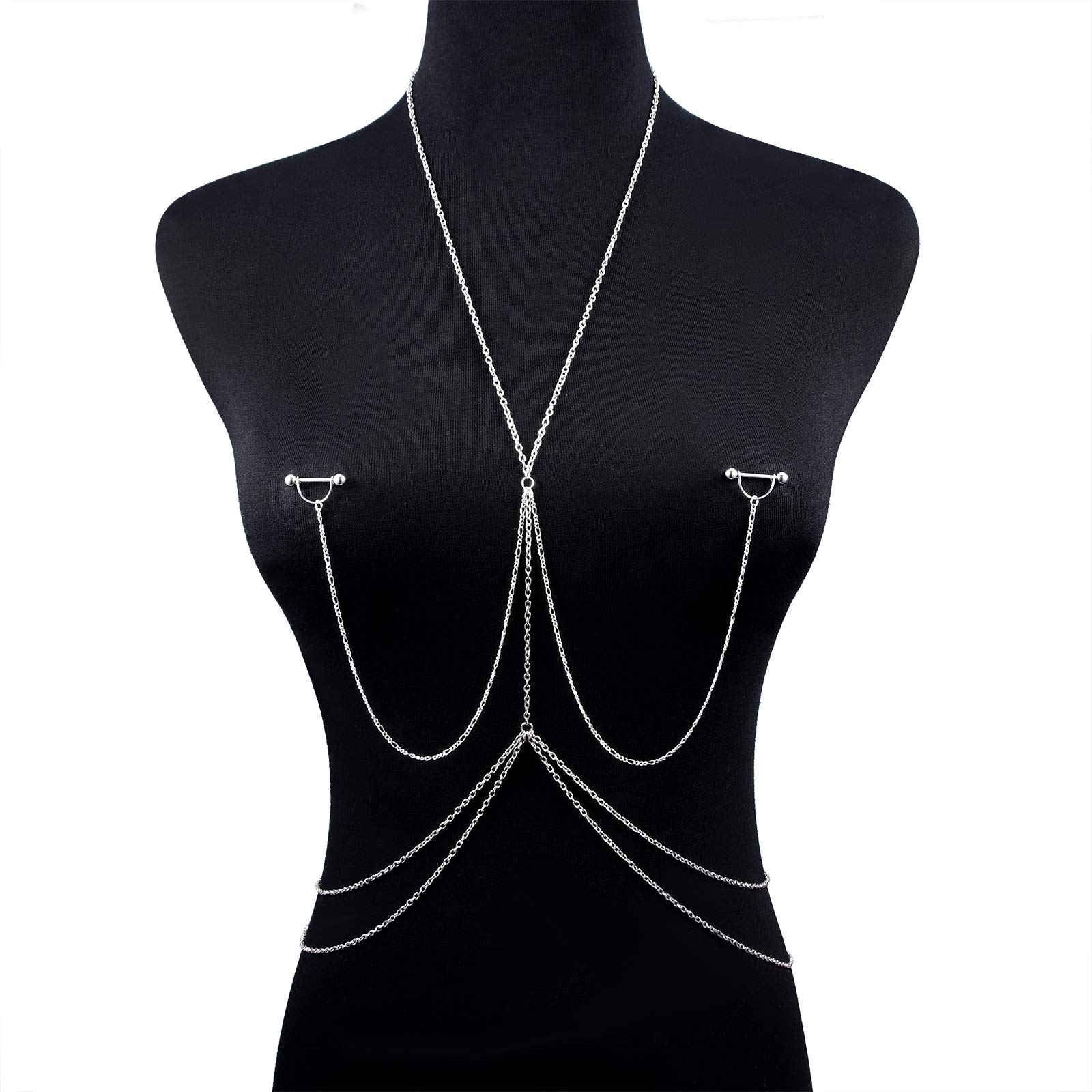 14G Nipple Rings with Body Chain - Stainless Steel Nipple Piercing Barbell Jewelry for Women | Waist & Chest Chain for Bikini, Festival, and Body Jewelry Fashion