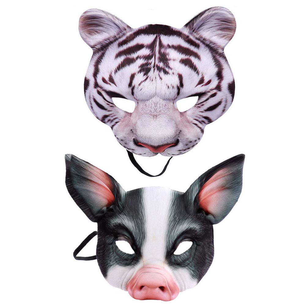 NUOBESTY 2-Pack Tiger & Pig Half Face Cosplay Masks - Creative Animal Halloween Costume Masks for Parties, Festivals & Cosplay Events - Perfect for Halloween, Masquerade Balls & Themed Gatherings