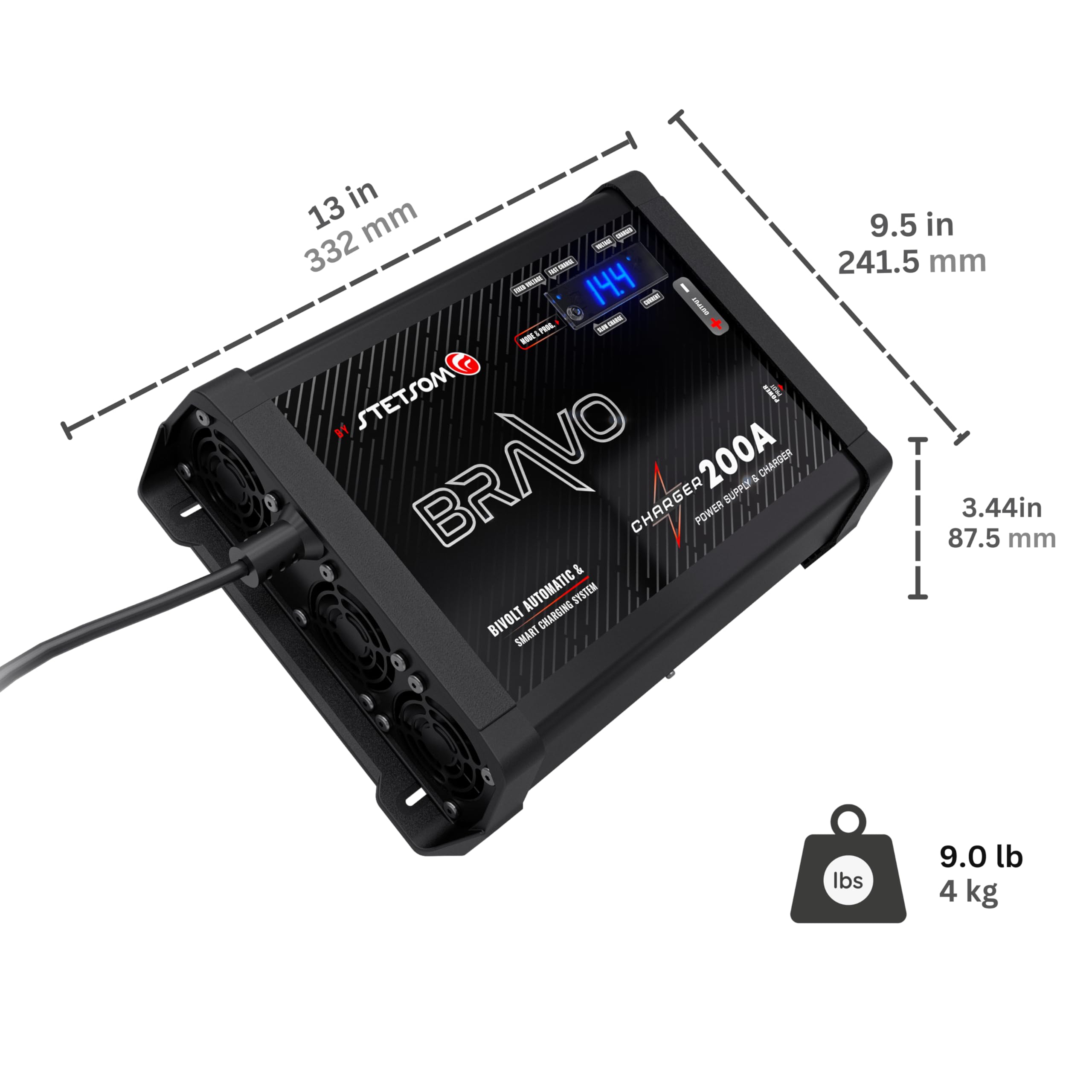 Stetsom Bravo 200A PRO Bivolt Smart Battery Charger - 127V/220V AC Dual Voltage Automatic Car Audio Power Supply with Fixed/Slow/Fast Charge Modes - Perfect for Car Audio Systems, Marine Batteries & RV Power Maintenance
