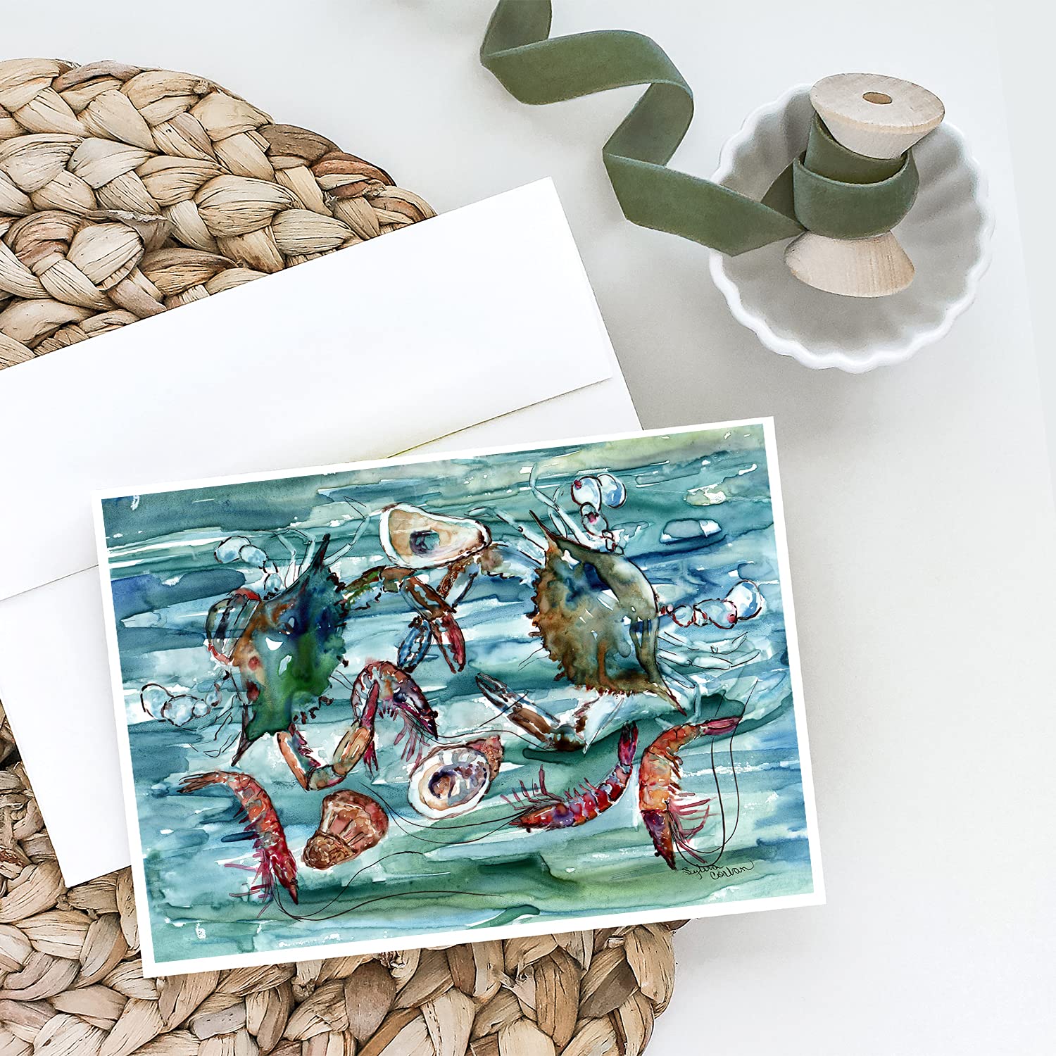 Whimsical A7 Size 5x7 Blank Note Cards with Envelopes - Pack of 8 Blank Greeting Cards Featuring Crabs, Shrimp and Oysters in Water Design | Perfect for Beach-Themed Invitations, Thank You Notes & Coastal Decor Correspondence