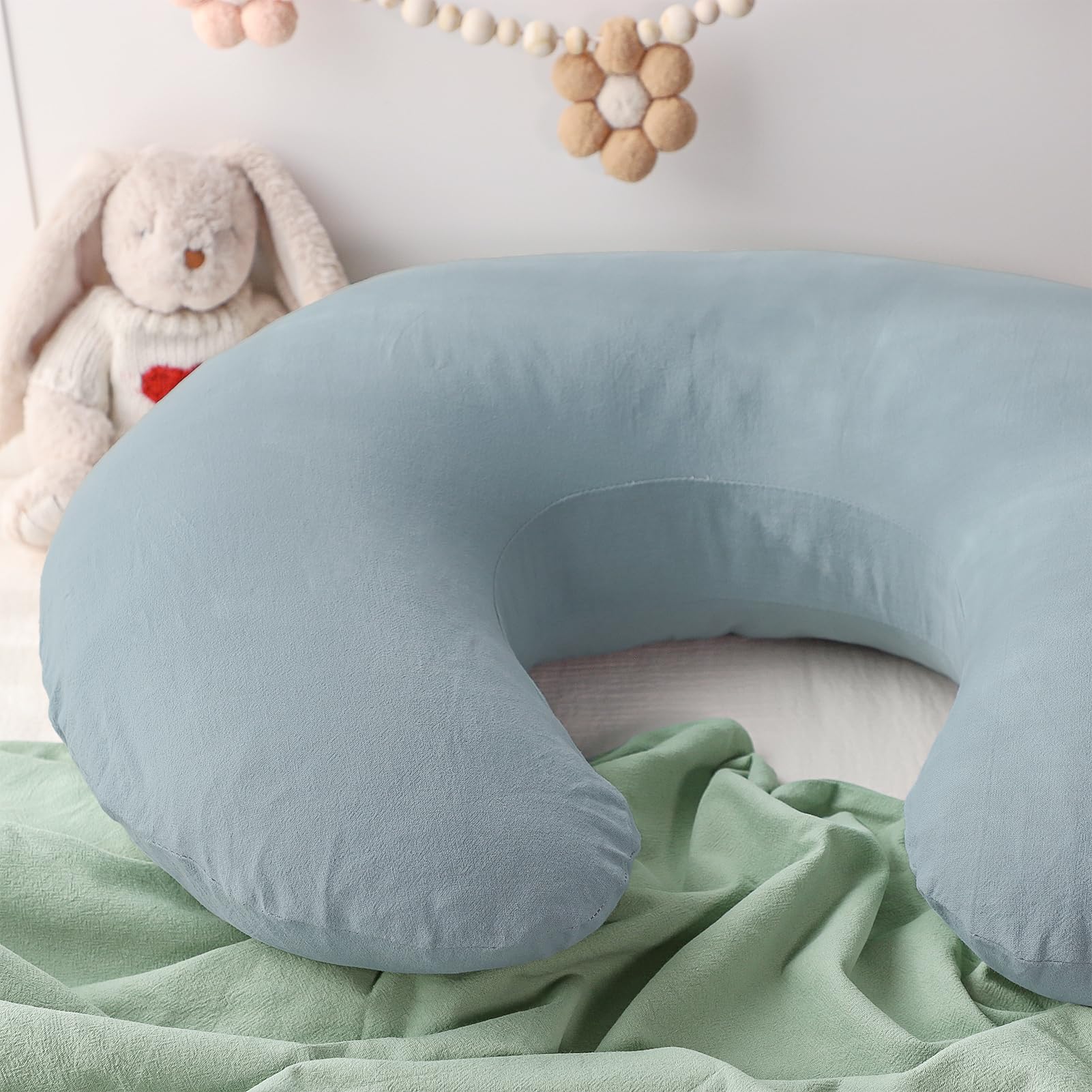 SWESEN 2 Pack Nursing Pillow Covers - Breathable Linen Slipcovers for Breastfeeding & Infant Feeding Pillows (Green & Blue) - Washable & Soft for Baby Girl & Boy - Perfect for Nursing, Bottle Feeding & Comfort at Home or Travel
