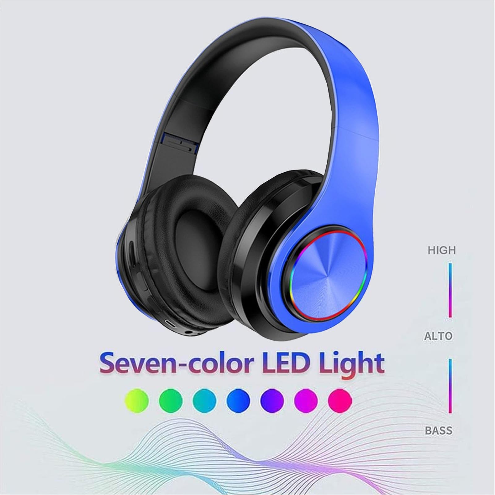 Kids Bluetooth Headphones with Colorful LED Lights - Wireless Over-Ear Headphones with Built-in Mic, Foldable Lightweight HiFi Stereo Sound for School, Gaming, Travel & Home Use - Perfect Gift for Boys & Girls (Blue)