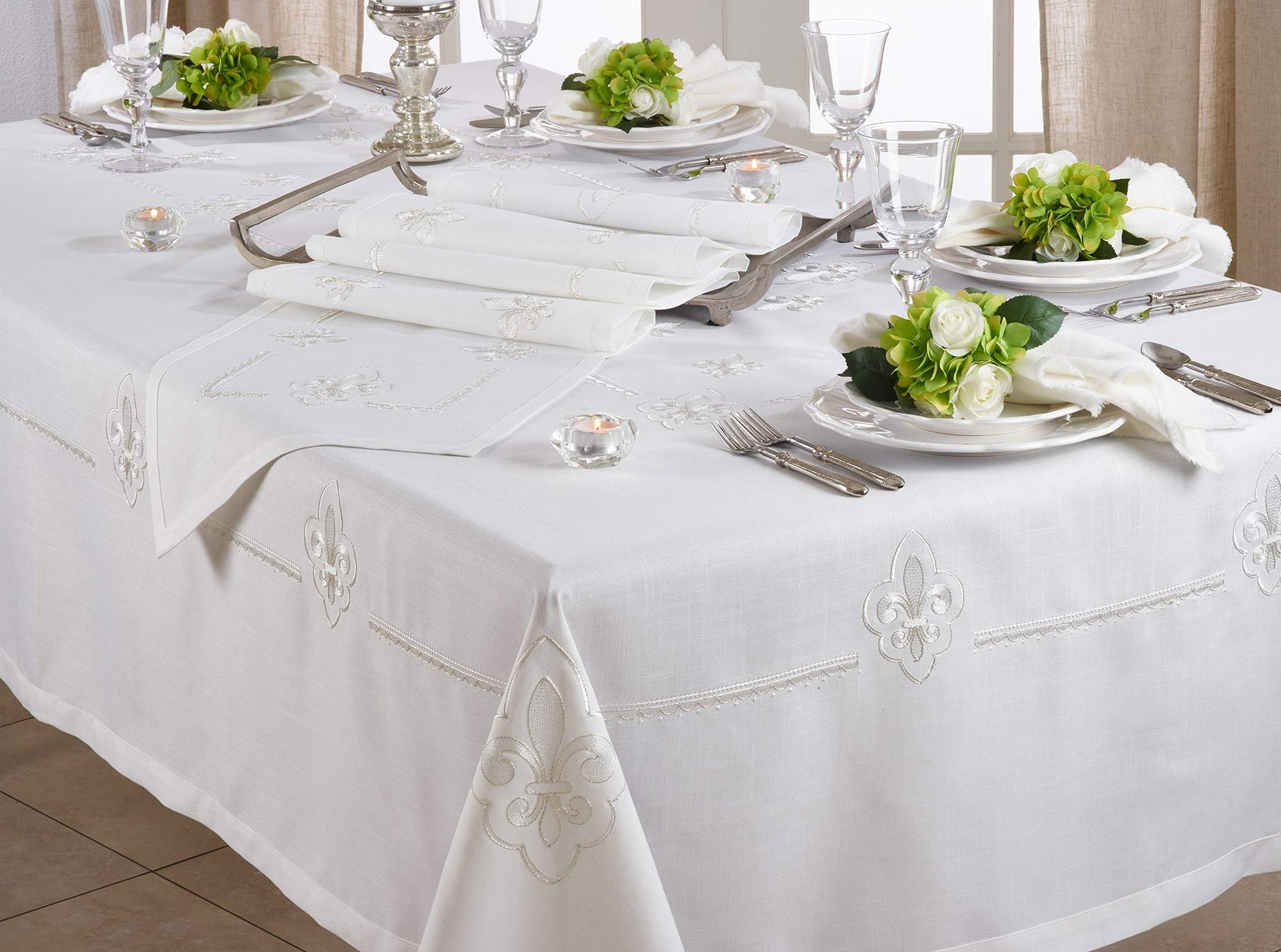 Fennco Styles Fabia Collection 69-inch Elegant Embroidered Fleur de Lis Square Tablecloth - Ivory Dining Table Cover for Wedding, Banquet, Dinner Party & Home Decor | Perfect for Formal Events, Holiday Gatherings & Upscale Home Styling