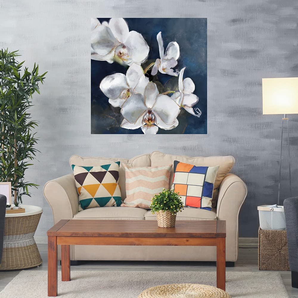 48x48 Inch Navy Blue Orchid Canvas Wall Art - Handmade Botanical Decor for Bathroom & Bedroom - Premium Plant Pictures for Home & Office Decor - Perfect for Spa, Living Room & Nursery