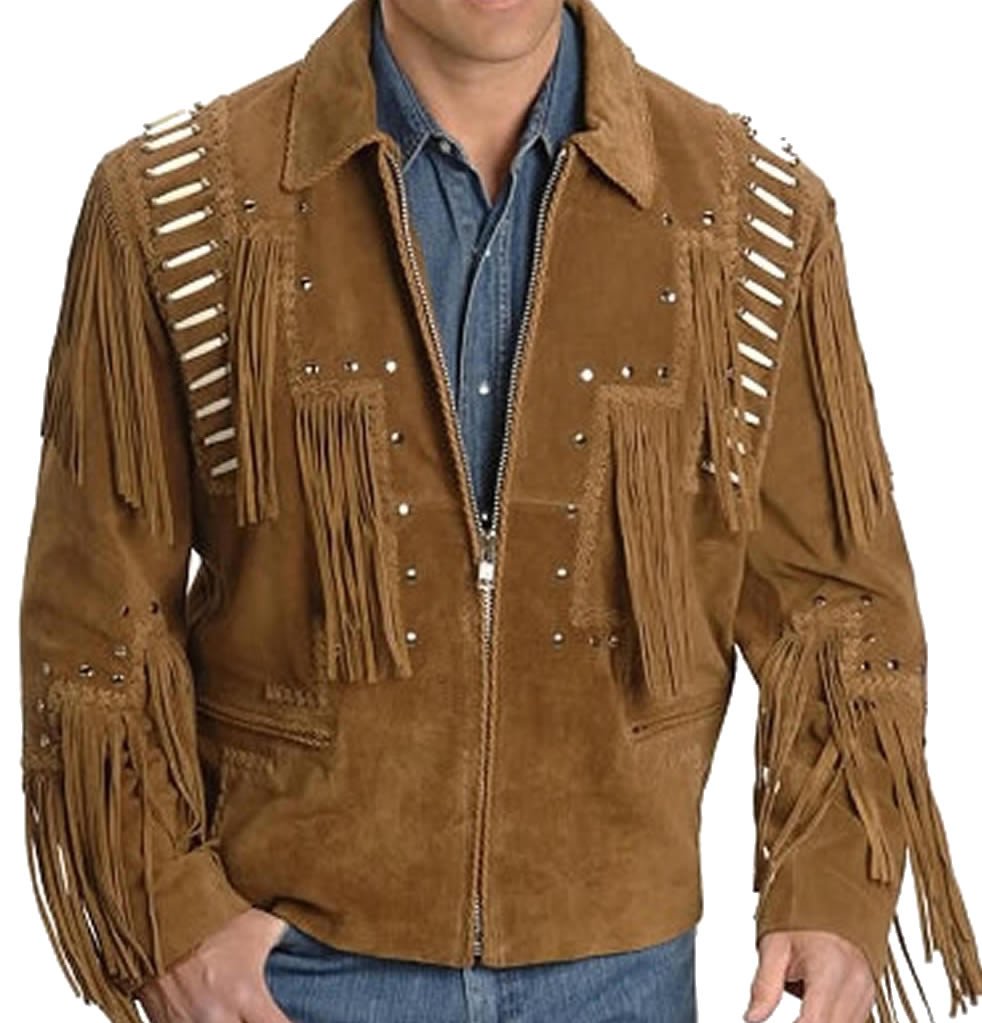 SleekHides Men's Western Cowboy Leather Jacket with Fringe & Bone Details - Medium Size | Perfect for Rodeo, Country Music Festivals & Vintage Style Outfits