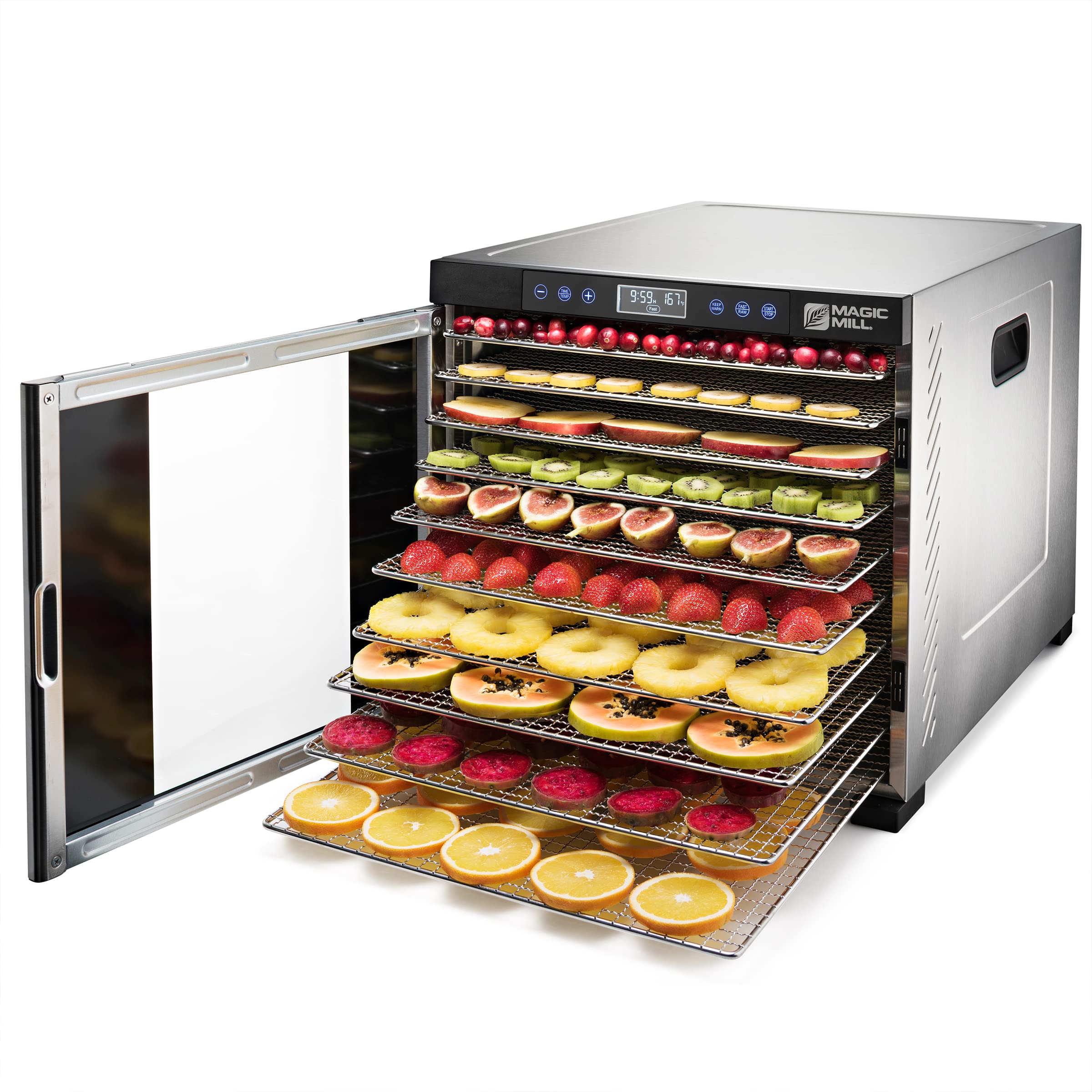 Magic Mill Food Dehydrator Machine - 11 Stainless Steel Trays with Adjustable Timer & Temperature Control | Perfect for Drying Jerky, Herbs, Meat, Fruits & Vegetables | Overheat Protection | Ideal for Home Kitchen, Camping & Food Preservation
