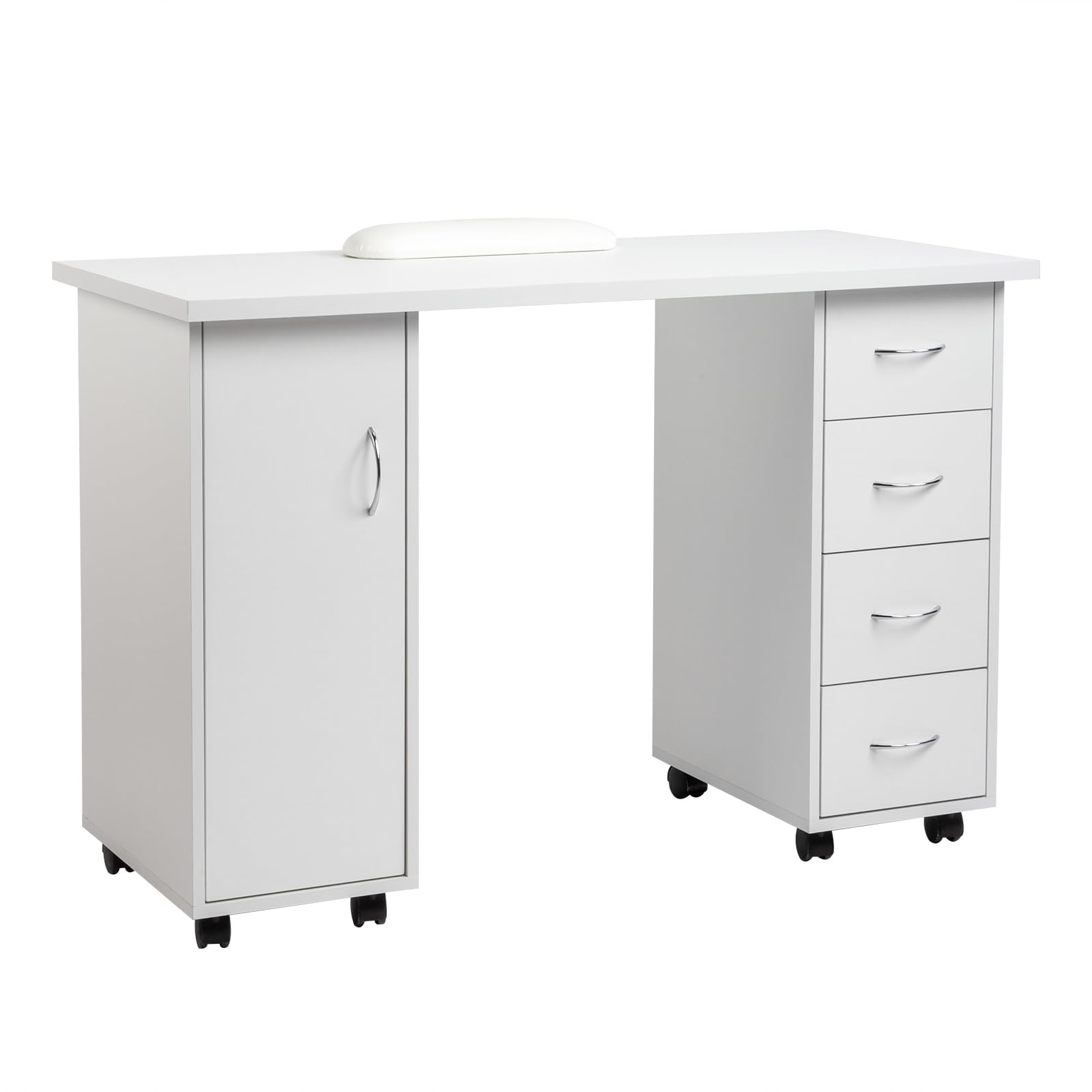 Lockable Wheels Computer Desk with Wrist Pad | 4-Drawer Study Desk with Side Cabinet for Office, Bedroom & Reading Room | White Ergonomic Workstation for Home Office, Gaming & Manicure Use