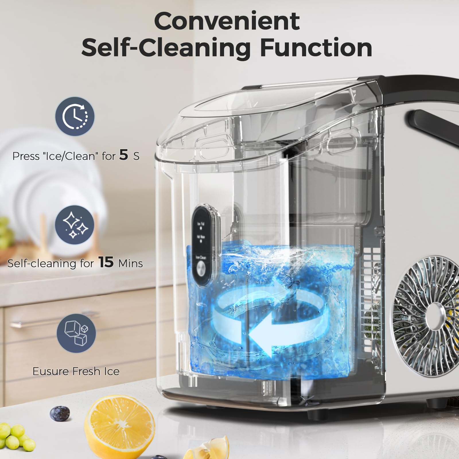 AGLUCKY Countertop Nugget Ice Maker - 35Lbs/24H Portable Pebble Ice Machine with Soft Chewable Ice, One-Click Operation & Self-Cleaning Function, Stainless Steel Silver - Perfect for Home, Kitchen, Office, Parties and Outdoor Activities