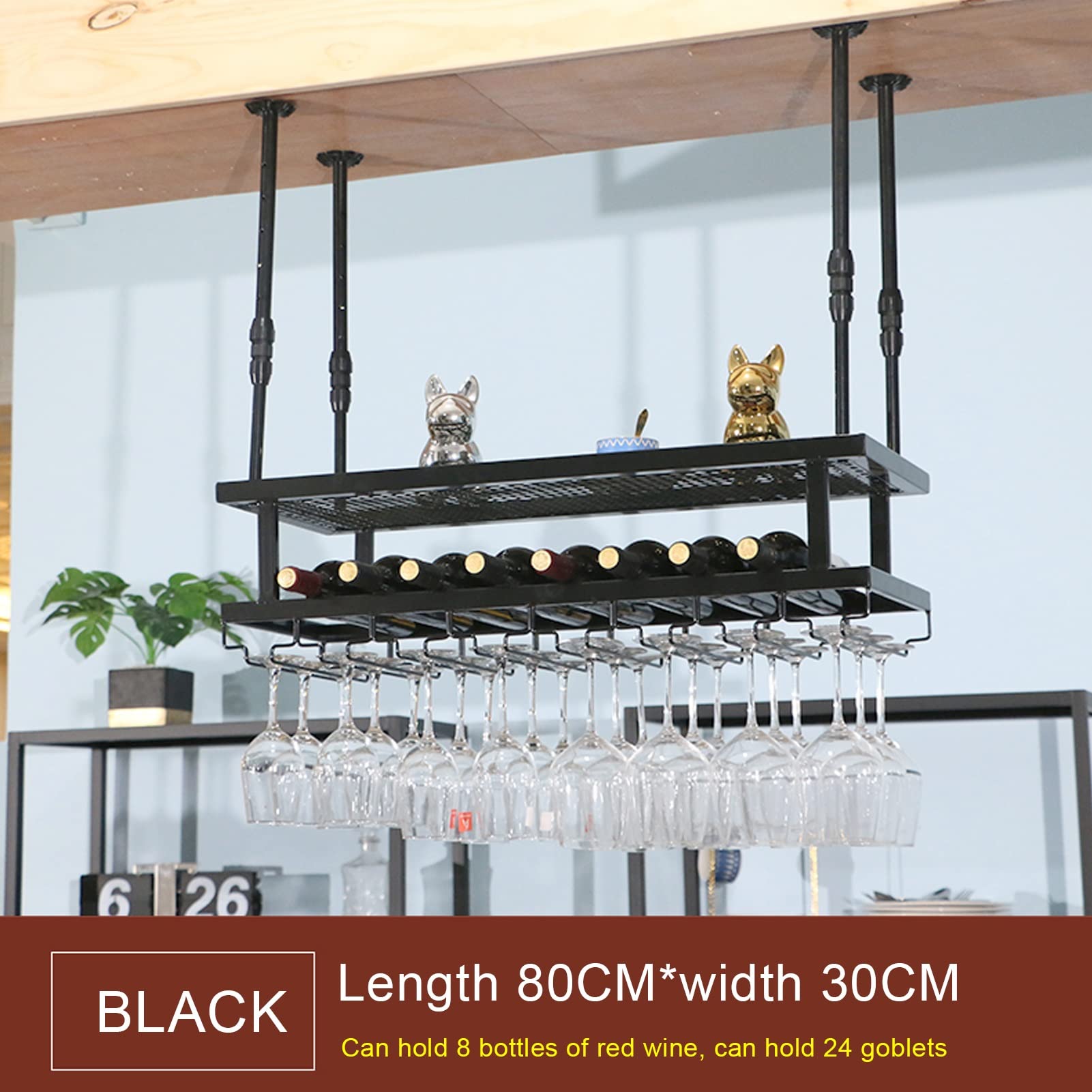 **2-Tier Wrought Iron Ceiling Wine Rack - Hanging Wine Bottle & Glass Holder (80x30cm) - Kitchen Decor & Champagne Stemware Storage - Perfect for Dining Rooms, Bars & Wine Cellars**