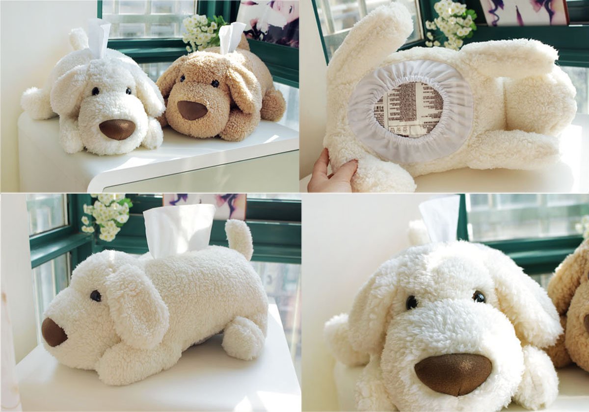 Super Soft Plush Dog Tissue Box Cover - Cute Cartoon Design Paper Holder & Napkin Storage for Car, Home, Bathroom Decor (White) | Perfect for Living Room, Bedroom, and Office Desk Organization