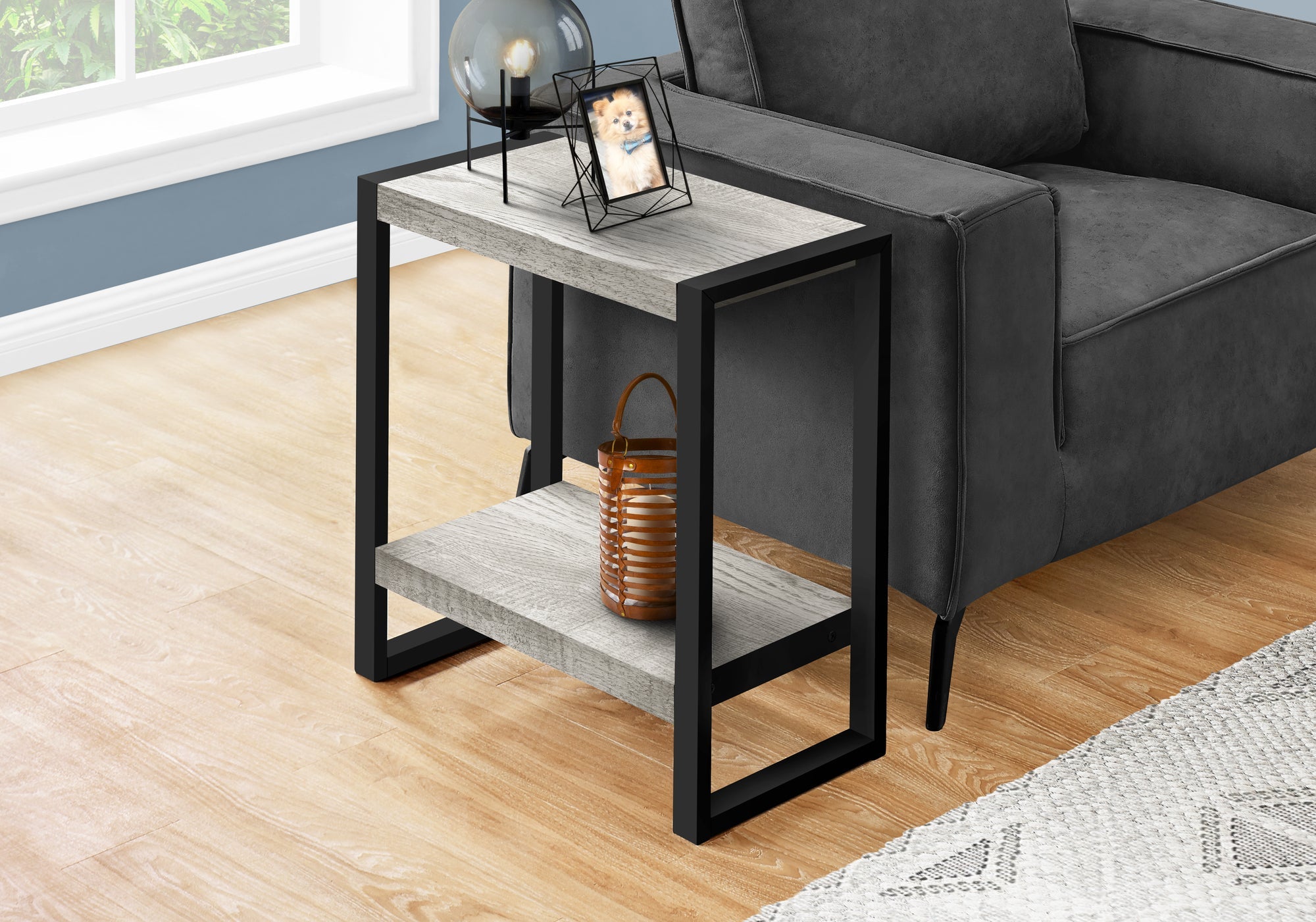 Rustic Grey Reclaimed Wood Look Accent Table with Black Metal Frame - Perfect for Living Room, Bedroom, or Entryway Decor
