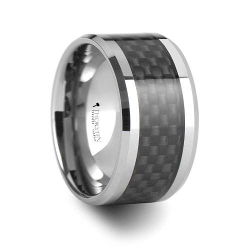 MAXIMUS Black Carbon Fiber Inlaid Tungsten Carbide Wedding Band Ring - 12mm Wide Polished Edge Mens Ring - Durable & Scratch Resistant for Daily Wear, Anniversary Gifts & Special Occasions