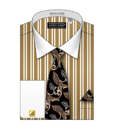 AVANTI UOMO Men's Double Striped White Collar Dress Shirt DS3823P2 in Beige - Perfect for Business, Office & Formal Occasions