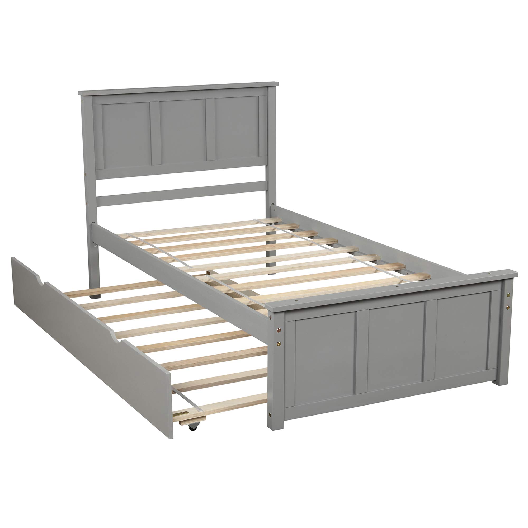 P PURLOVE Twin Wood Platform Bed Frame with Headboard & Trundle - Underbed Storage, Space-Saving Design for Kids & Guest Rooms (Gray) - Perfect for Small Bedrooms, Dormitories and Sleepovers