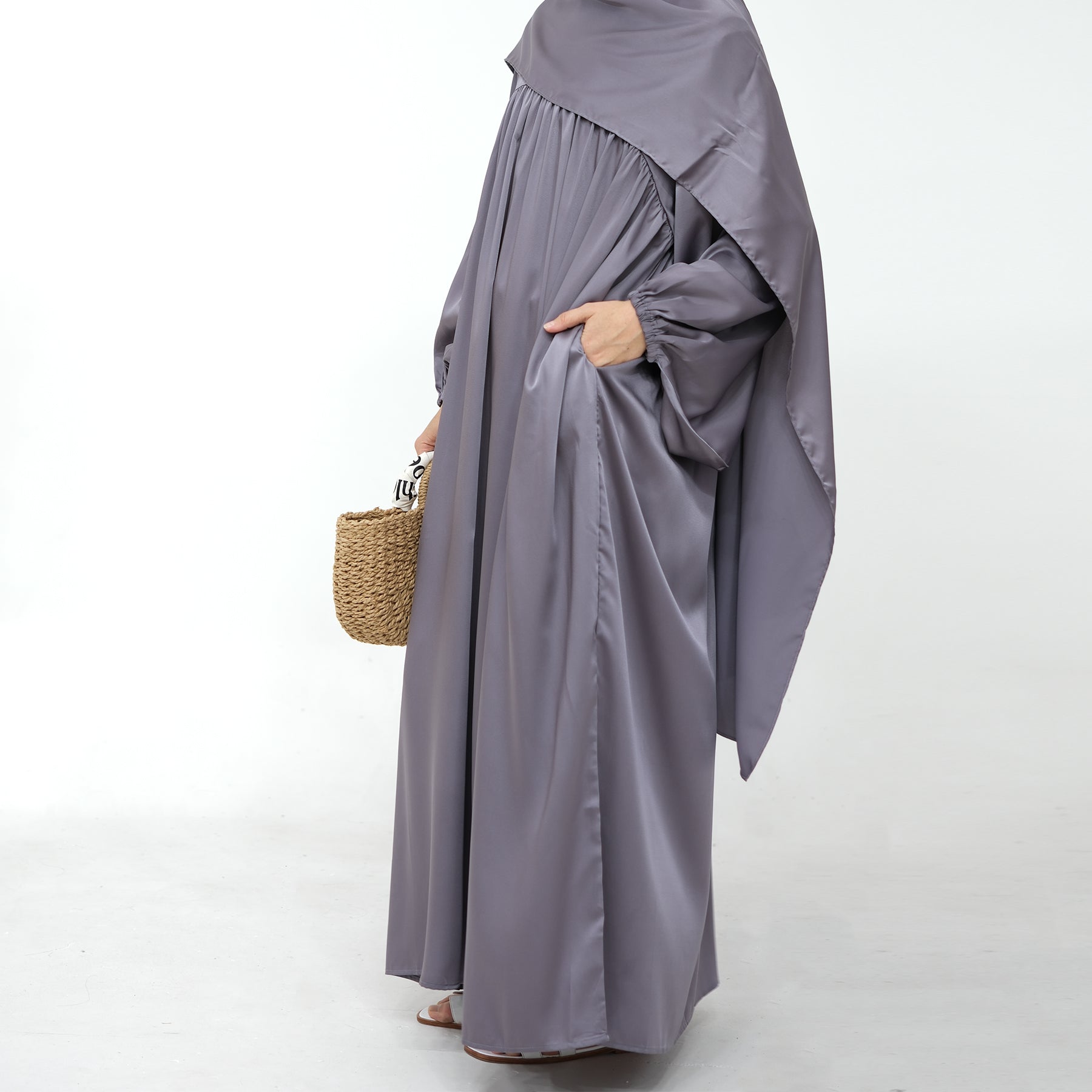 Amelia Satin Abaya Set for Women - Elegant Silver Prayer Dress with Scarf - Perfect for Eid, Ramadan & Special Occasions