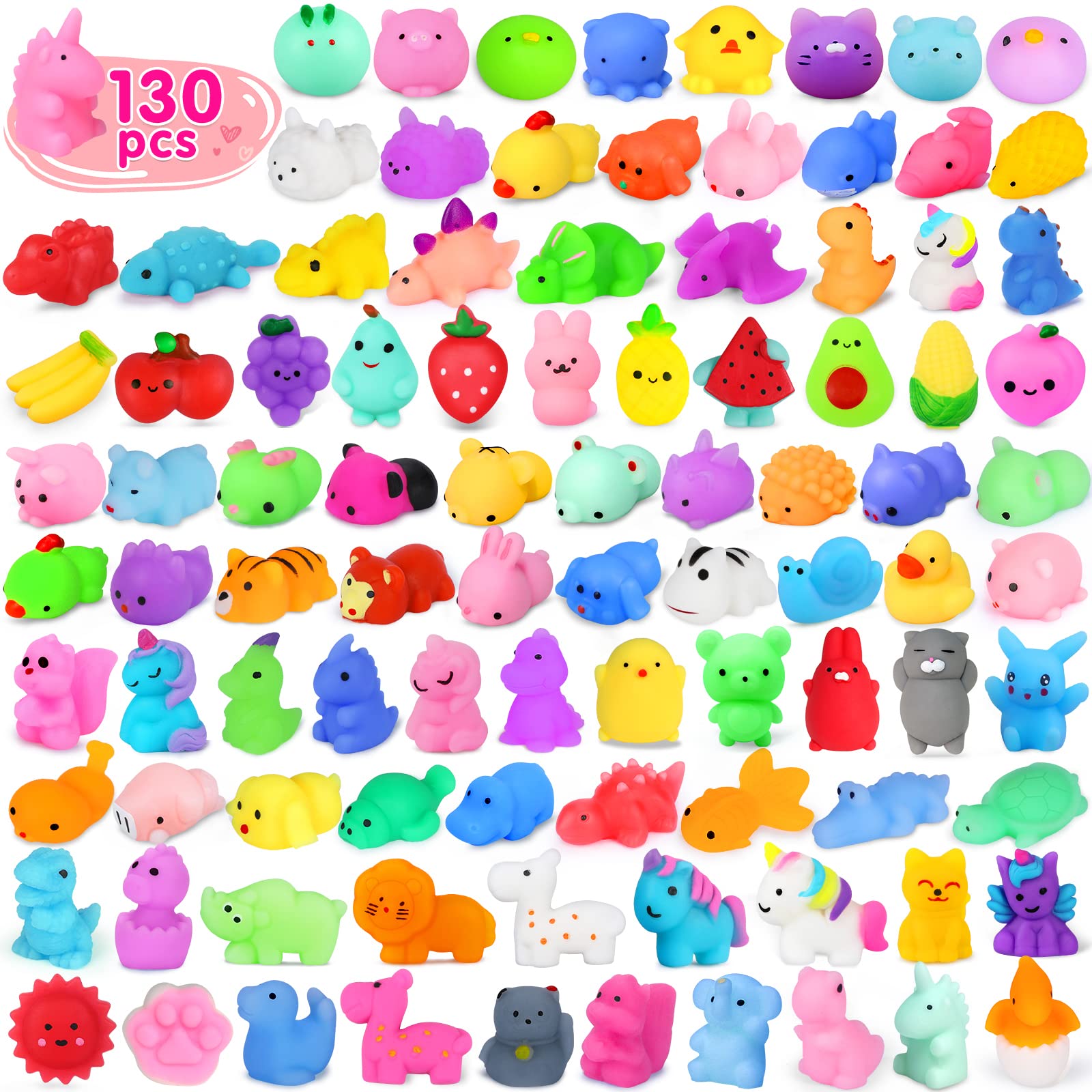 130PCS Kawaii Squishy Toys for Kids - Stress Relief Fidget Toys for Party Favors & Classroom Prizes