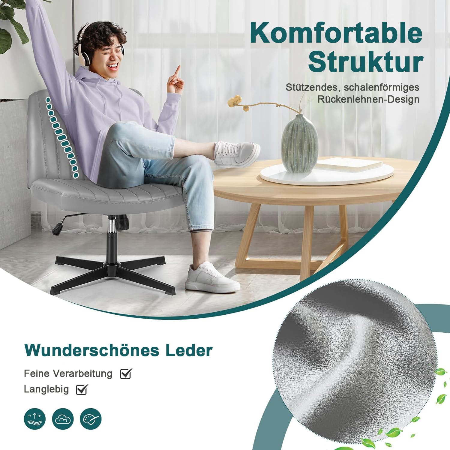 DUMOS Criss Cross Chair - Armless Office Chair with Adjustable Height, No Wheels, Wide Seat for Home & Office - Perfect for Computer Work, Vanity Desk, and Task Seating