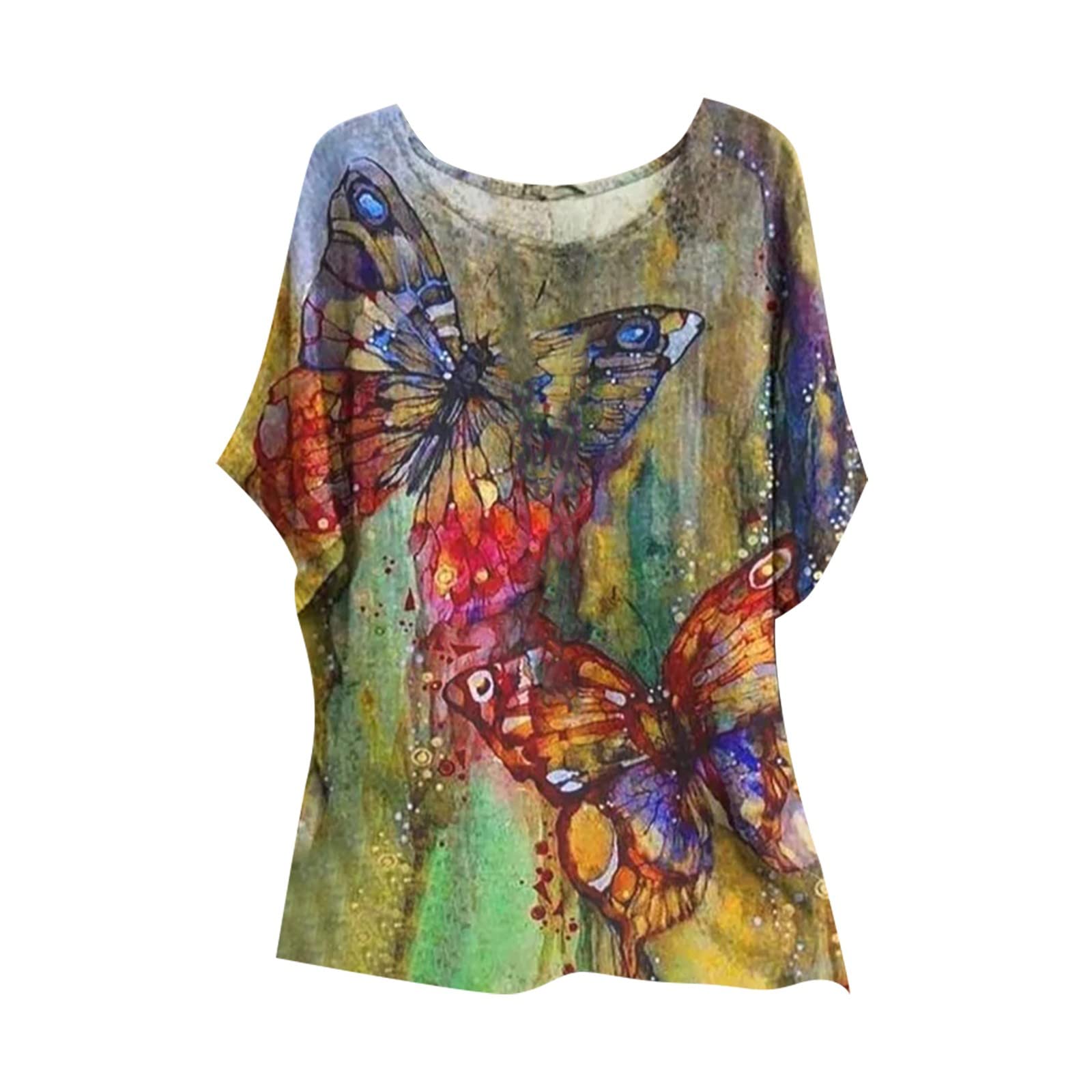 Women's Floral Print Batwing Sleeve Tunic Top - Loose Fit Cotton Casual Crewneck T-Shirt - Perfect for Summer Outfits, Beach Wear & Boho Style Fashion
