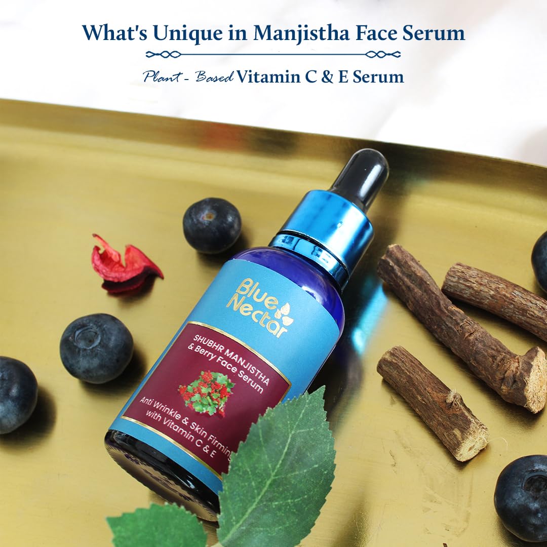 Blue Nectar Manjistha Vitamin C Face Serum for Anti-Wrinkle & Skin Firming (1 Fl Oz) + Kumkumadi Face Wash with Saffron for Women & Men (3.38 Fl Oz) – Brightening, Anti-Aging Skincare Routine for Day & Night Use