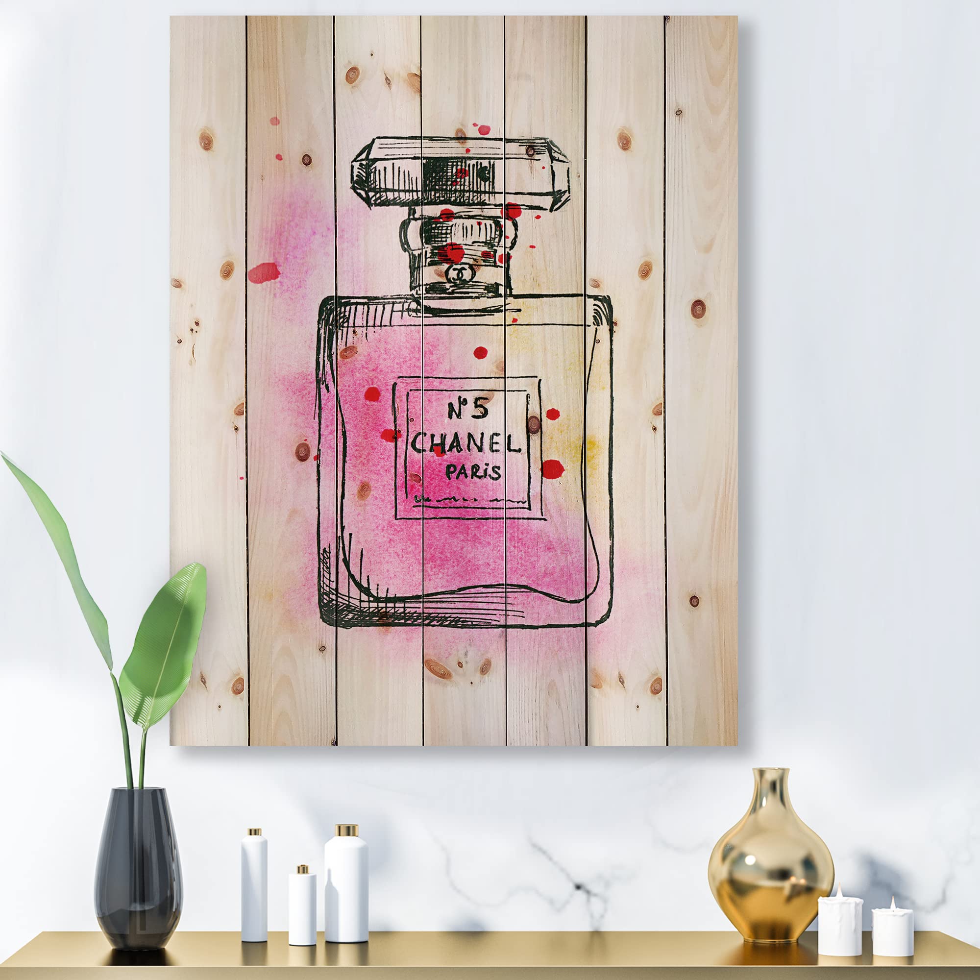 Chanel No. 5 Inspired French Country Wood Wall Art - Pink Large Fashion Wall Decor Printed on Natural Pine Wood - Perfect for Living Room, Bedroom & Office Decor