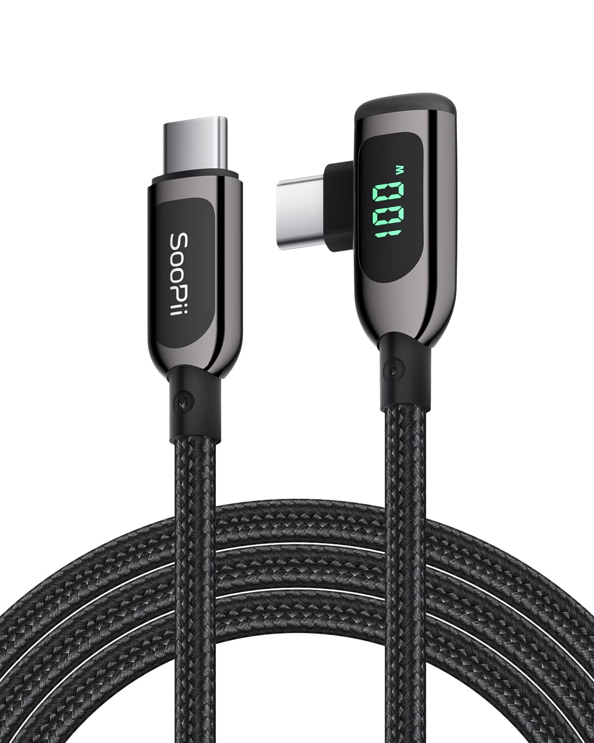 SOOPII 100W USB C to USB C Right Angle Cable 4FT - Fast Charging Braided Type-C Cable with LED Power Display - Compatible with iPhone 16/15, iPad Air/Pro, MacBook Pro, Samsung Galaxy S23/S22/S10, Google Pixel, LG - Perfect for Home, Office & Travel Charging (4ft, Black)