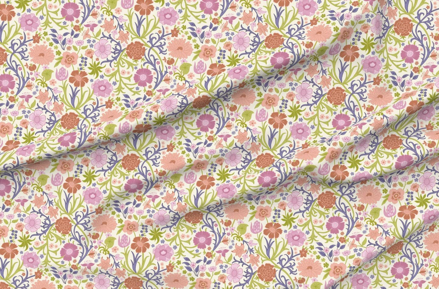 Ornate Floral Pink Flowers Spring Hand Drawn Lavender Easter William Printed Denim Fabric by The Yard - Bottomweight Apparel, Home Decor & Upholstery Material - Perfect for DIY Dresses, Curtains & Throw Pillows