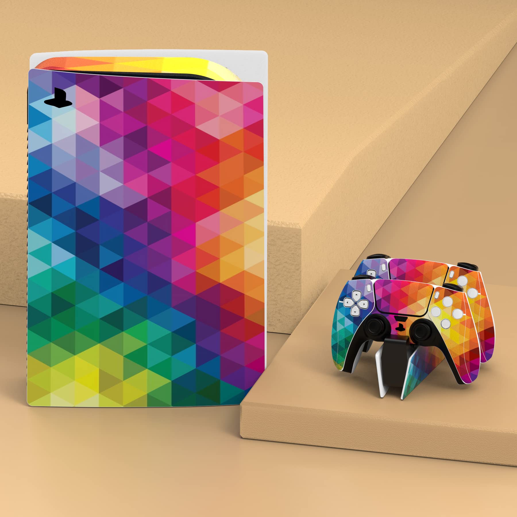 PlayVital Colorful Triangle Skin Stickers for PS5 Controller, Console Disc Edition, Charging Dock & Headset - Premium Vinyl Decals for Customization - Perfect for Gaming Setups & Personalized Gifts