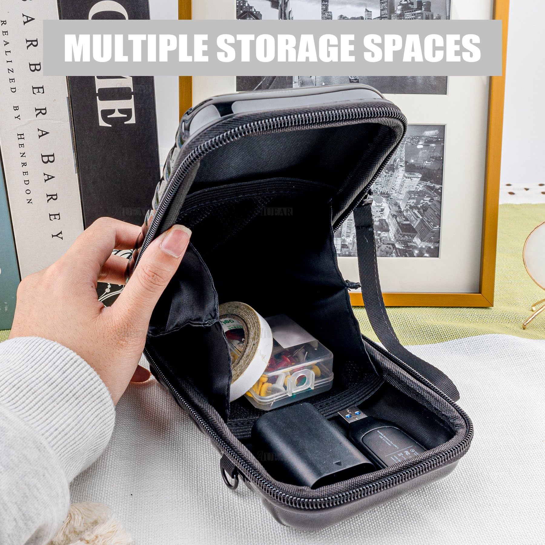 AUEAR Small Hard Shell Cosmetic Travel Case - 7 Inch Mini Vertical Toiletry Bag with Detachable Shoulder Strap & Grip Rope (Black) - Perfect for Airplane Carry-on, Gym Essentials & Weekend Getaways