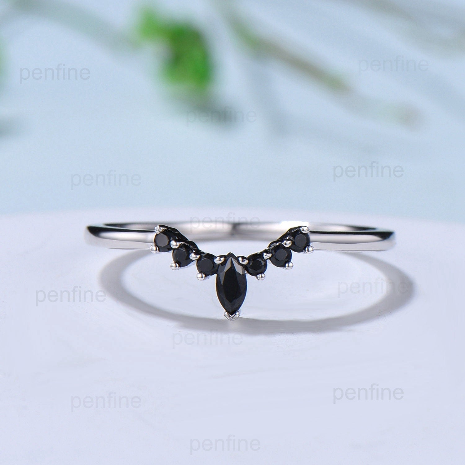 Black Diamond Wedding Ring - Silver & White Gold Curved Marquise Black Spinel Matching Band, Art Deco Stackable Ring for Women | Perfect for Engagement, Promise Rings, Anniversary Gifts & Bridal Jewelry Sets