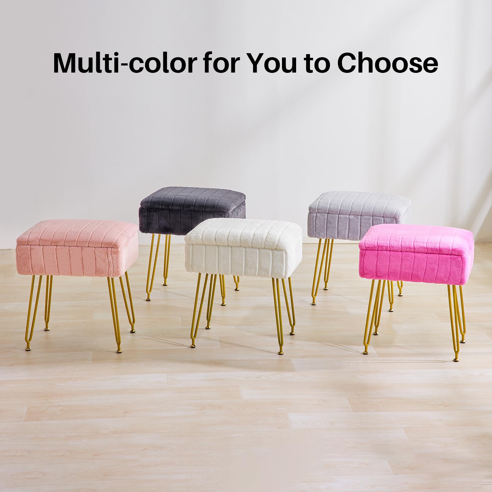 Redlife Vanity Stool with Storage - Faux Fur Makeup Chair with Gold Metal Legs, Multifunctional Footrest Ottoman for Bedroom, Dressing Room & Beauty Salon (White) - Perfect for Makeup, Reading & Relaxing