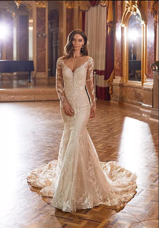Elegant Long Sleeve Mermaid Wedding Dress with Lace Details - V-Neck Bohemian Bridal Gown for Vintage Beach Weddings, Outdoor Ceremonies & Romantic Photoshoots